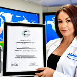 A professional female cosmetologist, in a modern, high-tech clinic setting. She stands confidently, holding an international certificate (e.g., CIDESCO, ITEC logo visible), surrounded by sleek beauty equipment like a laser machine or LED mask. The background subtly includes elements suggesting global reach, such as a blurred world map or diverse faces, emphasizing international standards and advanced skills. The overall mood is sophisticated, expert, and bright.