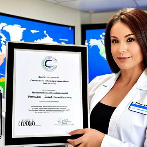 A professional female cosmetologist, in a modern, high-tech clinic setting. She stands confidently, holding an international certificate (e.g., CIDESCO, ITEC logo visible), surrounded by sleek beauty equipment like a laser machine or LED mask. The background subtly includes elements suggesting global reach, such as a blurred world map or diverse faces, emphasizing international standards and advanced skills. The overall mood is sophisticated, expert, and bright.