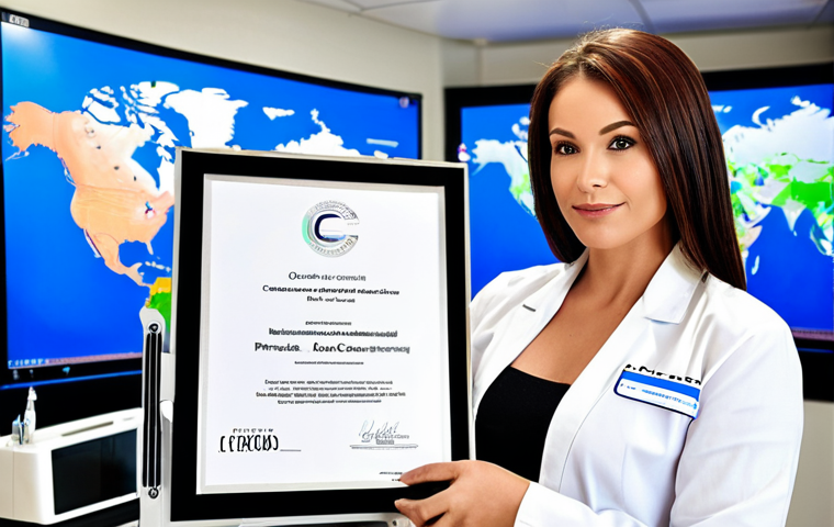 A professional female cosmetologist, in a modern, high-tech clinic setting. She stands confidently, holding an international certificate (e.g., CIDESCO, ITEC logo visible), surrounded by sleek beauty equipment like a laser machine or LED mask. The background subtly includes elements suggesting global reach, such as a blurred world map or diverse faces, emphasizing international standards and advanced skills. The overall mood is sophisticated, expert, and bright.